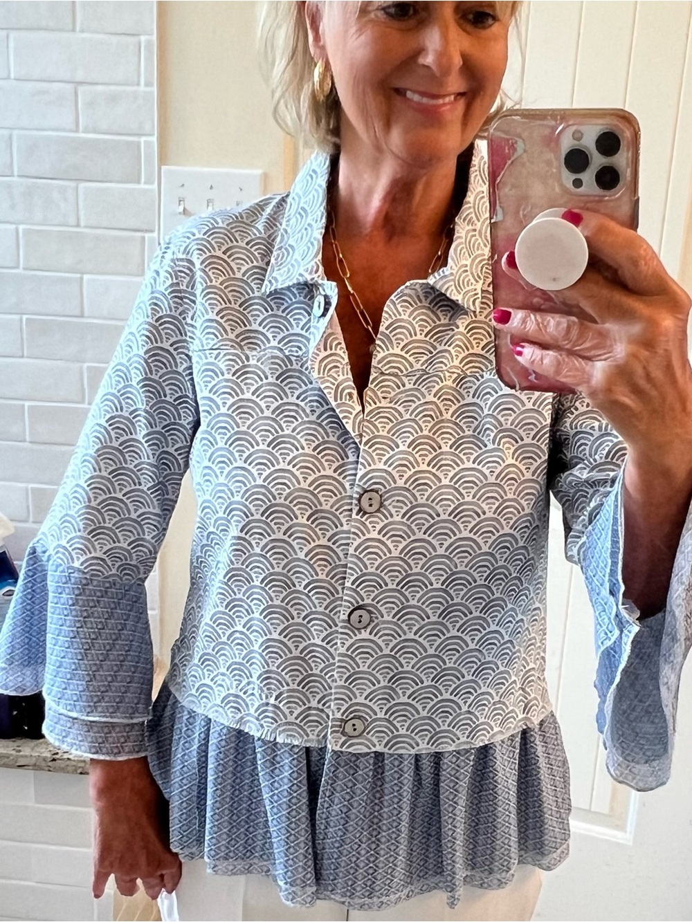 Multiples Cream & Gray Wave-Print Button Jacket!